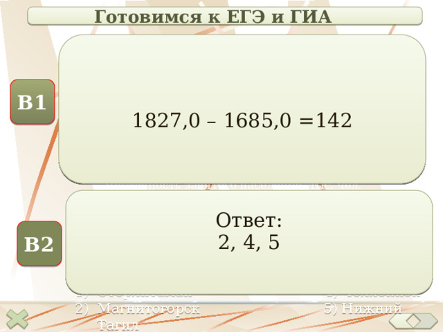 Готовимся к ЕГЭ и ГИА Используя данные , определите количество безработных в Челябинской области в 2006 году. Ответ запишите цифрами. 1827,0 – 1685,0 =142 1827,0 1816,0 1765,0 1749,0 В1 1686,0 1685,0 1674,0 1662,0  Численность экономически активного населения, тыс. чел.  Численность занятого населения, тыс. чел. Выберите из предложенного списка три города, которые Ответ: являются крупными центрами черной металлургии. 2, 4, 5 Запишите цифры в порядке возрастания. Стерлитамак 4) Челябинск Магнитогорск 5) Нижний Тагил Уфа 6) Екатеринбург В2 33 