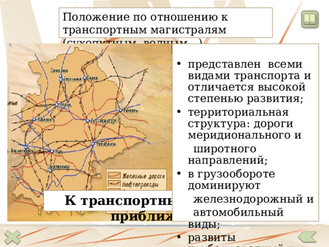 Положение по отношению к транспортным магистралям (сухопутным, водным…) представлен всеми видами транспорта и отличается высокой степенью развития; территориальная структура: дороги меридионального и  широтного направлений; в грузообороте доминируют  железнодорожный и  автомобильный виды; развиты трубопроводный и речной транспорты .  Условные обозначения  ж / д линии  Транссиб(основной пасс.ход)  Транссиб(новый пасс.ход)  БАМ  Южно-Уральский ход  Другие линии, имеющие  транзитное значение  границы  Государственная граница РФ  Морское побережье РФ  Границы субъектов РФ К транспортным путям приближен 