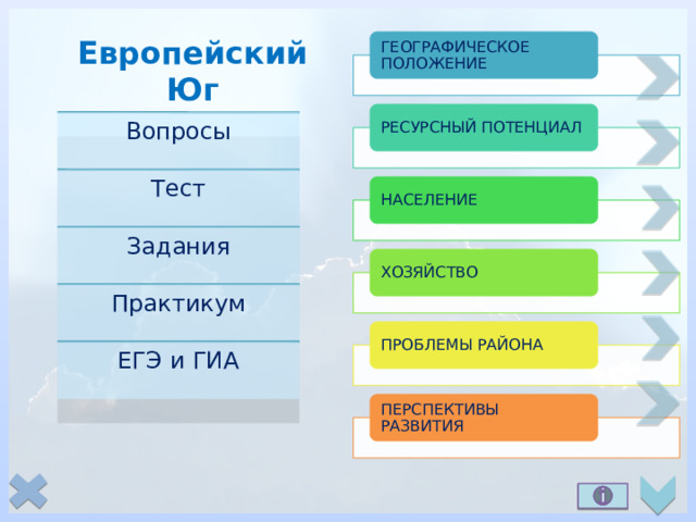 Европейский Юг ГЕОГРАФИЧЕСКОЕ ПОЛОЖЕНИЕ РЕСУРСНЫЙ ПОТЕНЦИАЛ Вопросы Тест НАСЕЛЕНИЕ Задания ХОЗЯЙСТВО Практикум ПРОБЛЕМЫ РАЙОНА ЕГЭ и ГИА ПЕРСПЕКТИВЫ РАЗВИТИЯ 