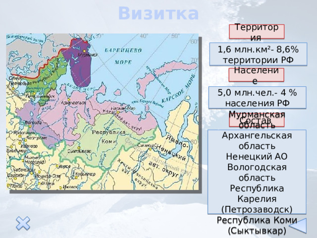 Визитка Территория 1,6 млн.км²- 8,6% территории РФ Население  5,0 млн.чел.- 4 % населения РФ Состав  Мурманская область Архангельская область Ненецкий АО Вологодская область Республика Карелия (Петрозаводск) Республика Коми (Сыктывкар) 