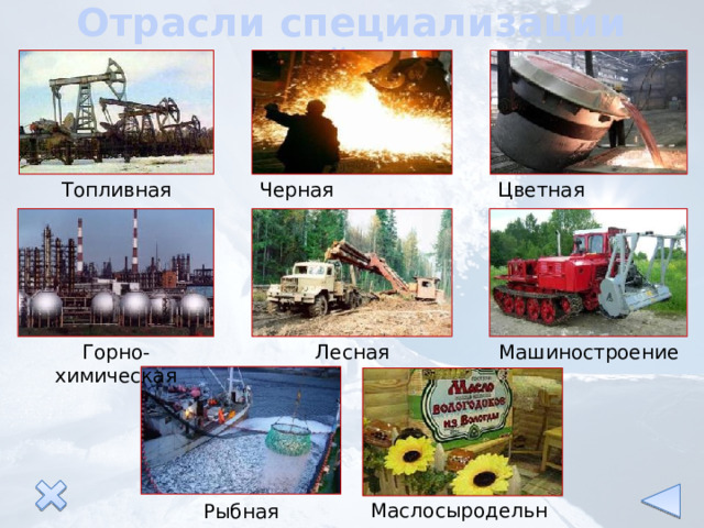 Отрасли специализации района Цветная металлургия Топливная Черная металлургия Машиностроение Лесная Горно-химическая Маслосыродельная Рыбная 