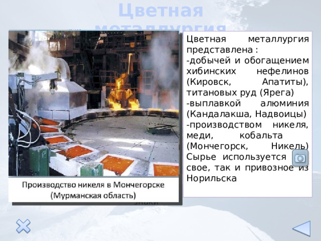 Цветная металлургия Цветная металлургия представлена : -добычей и обогащением хибинских нефелинов (Кировск, Апатиты), титановых руд (Ярега) -выплавкой алюминия (Кандалакша, Надвоицы) -производством никеля, меди, кобальта (Мончегорск, Никель) Сырье используется как свое, так и привозное из Норильска Условные знаки 