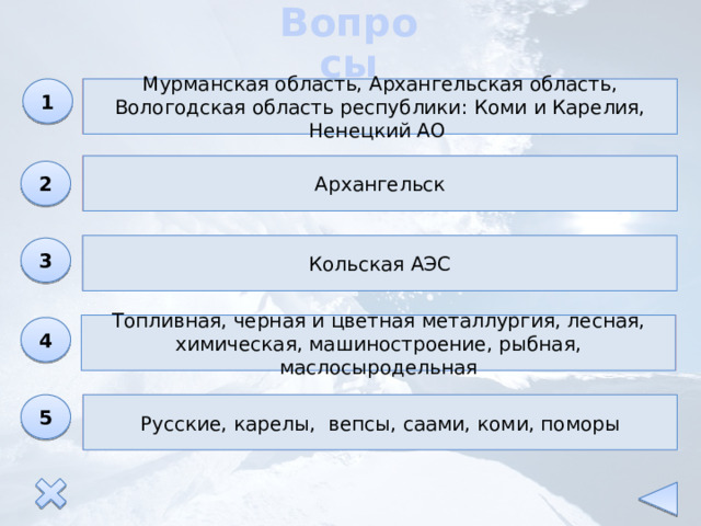 Вопросы 1 Какие субъекты РФ входят в состав Северного экономического района? Мурманская область, Архангельская область, Вологодская область республики: Коми и Карелия, Ненецкий АО Назовите город, который получил название «Всероссийская лесопилка»? Архангельск 2 Какая АЭС расположена на территории Северного района? Кольская АЭС 3 Топливная, черная и цветная металлургия, лесная, химическая, машиностроение, рыбная, маслосыродельная Какие отрасли являются отраслями специализации Северного района? 4 Русские, карелы, вепсы, саами, коми, поморы Какие народы проживают на территории Северного района? 5 