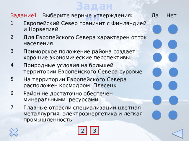 Задания: Задание1. Выберите верные утверждения: 1 Да 2 Европейский Север граничит с Финляндией и Норвегией. Нет Для Европейского Севера характерен отток населения 3 Приморское положение района создает хорошие экономические перспективы. 4 Природные условия на большей территории Европейского Севера суровые 5 На территории Европейского Севера расположен космодром Плесецк 6 Район не достаточно обеспечен минеральными ресурсами. 7 Главные отрасли специализации-цветная металлургия, электроэнергетика и легкая промышленность. 3 2 