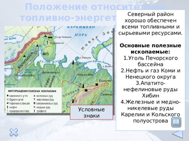 Положение относительно топливно-энергетических и сырьевых баз Северный район хорошо обеспечен всеми топливными и сырьевыми ресурсами. Основные полезные ископаемые: 1.Уголь Печорского бассейна 2.Нефть и газ Коми и Ненецкого округа 3.Апатито-нефелиновые руды Хибин 4.Железные и медно-никелевые руды Карелии и Кольского полуострова Условные знаки 