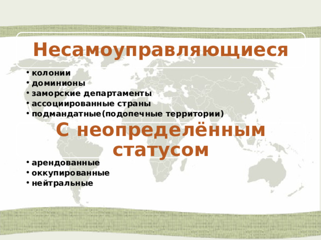 Несамоуправляющиеся колонии доминионы заморские департаменты ассоциированные страны подмандатные(подопечные территории) колонии доминионы заморские департаменты ассоциированные страны подмандатные(подопечные территории) С неопределённым статусом арендованные оккупированные нейтральные арендованные оккупированные нейтральные 
