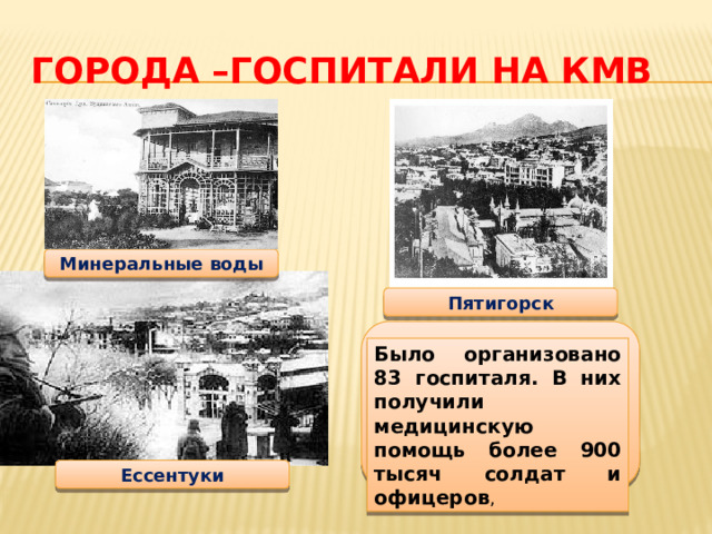 Города –госпитали на КМВ Минеральные воды Пятигорск Было организовано 83 госпиталя. В них получили медицинскую помощь более 900 тысяч солдат и офицеров , Ессентуки 