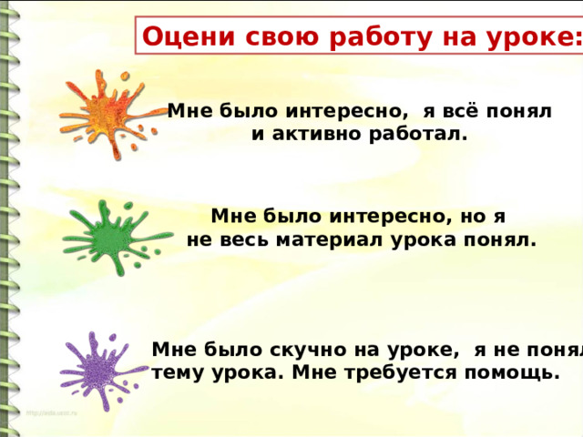 Оцени свою работу на уроке: Мне было интересно, я всё понял и активно работал. Мне было интересно, но я не весь материал урока понял. Мне было скучно на уроке, я не понял тему урока. Мне требуется помощь. 