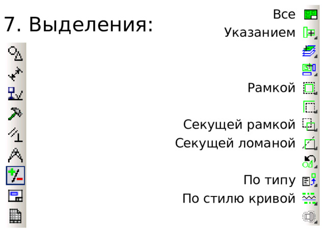 7. Выделения: Все Указанием Рамкой Секущей рамкой Секущей ломаной По типу По стилю кривой 