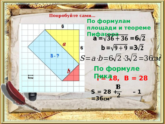 Попробуйте сами… По формулам площади и теореме Пифагора По формуле Пика Г= 18, В = 28  S = 28 + – 1 =36 см ²  