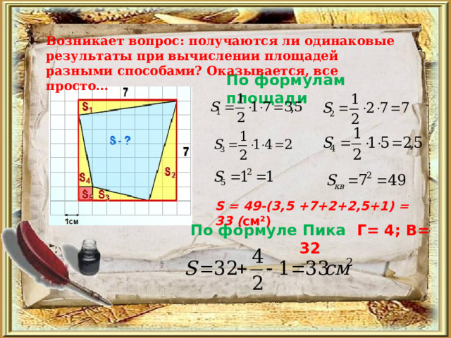 Возникает вопрос: получаются ли одинаковые результаты при вычислении площадей разными способами ? Оказывается, все просто…   По формулам площади S = 49-( 3,5 +7+2+2,5+1 ) = 33 ( см ² )  По формуле Пика Г= 4; В= 32 