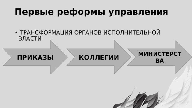 Первые реформы управления  ТРАНСФОРМАЦИЯ ОРГАНОВ ИСПОЛНИТЕЛЬНОЙ ВЛАСТИ ПРИКАЗЫ КОЛЛЕГИИ МИНИСТЕРСТВА 