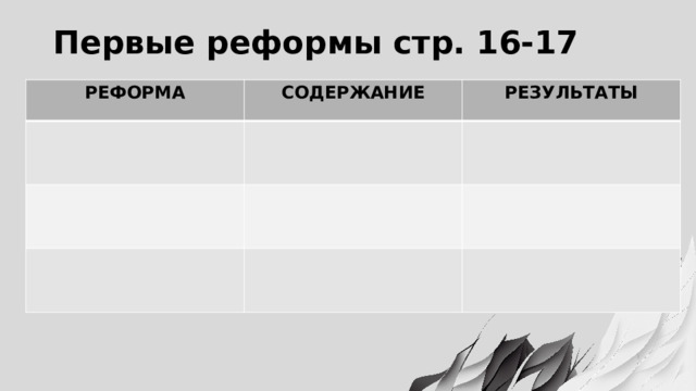 Первые реформы стр. 16-17 РЕФОРМА СОДЕРЖАНИЕ РЕЗУЛЬТАТЫ 