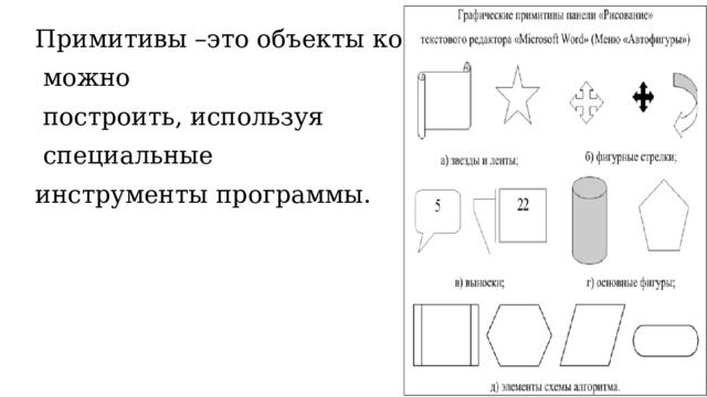  Примитивы –это объекты которые  можно  построить, используя  специальные инструменты программы. 