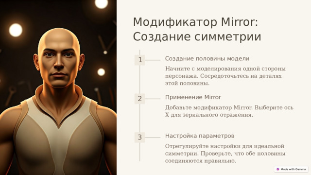  Модификатор Mirror: Создание симметрии Создание половины модели 1 Начните с моделирования одной стороны персонажа. Сосредоточьтесь на деталях этой половины. Применение Mirror 2 Добавьте модификатор Mirror. Выберите ось X для зеркального отражения. Настройка параметров 3 Отрегулируйте настройки для идеальной симметрии. Проверьте, что обе половины соединяются правильно. 