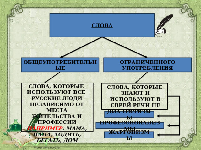 СЛОВА  ОБЩЕУПОТРЕБИТЕЛЬНЫЕ ОГРАНИЧЕННОГО УПОТРЕБЛЕНИЯ СЛОВА, КОТОРЫЕ ИСПОЛЬЗУЮТ ВСЕ РУССКИЕ ЛЮДИ НЕЗАВИСИМО ОТ МЕСТА ЖИТЕЛЬСТВА И ПРОФЕССИИ НАПРИМЕР : МАМА, ПАПА, ХОДИТЬ, БЕГАТЬ, ДОМ СЛОВА, КОТОРЫЕ ЗНАЮТ И ИСПОЛЬЗУЮТ В СВРЕЙ РЕЧИ НЕ ВСЕ. ДИАЛЕКТИЗМЫ ПРОФЕССИОНАЛИЗМЫ ЖАРГОНИЗМЫ 