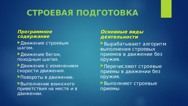 СТРОЕВАЯ ПОДГОТОВКА Основные виды деятельности Программное содержание Вырабатывают алгоритм выполнения строевых приемов в движении без оружия. Перечисляют строевые приемы в движении без оружия. Выполняют строевые приемы  Движение строевым шагом. Движение бегом, походным шагом. Движение с изменением скорости движения. Повороты в движении. Выполнение воинского приветствия на месте и в движении. 