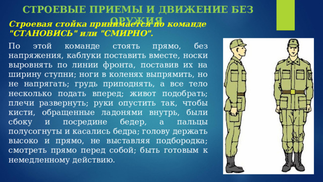 СТРОЕВЫЕ ПРИЕМЫ И ДВИЖЕНИЕ БЕЗ ОРУЖИЯ Строевая стойка принимается по команде 