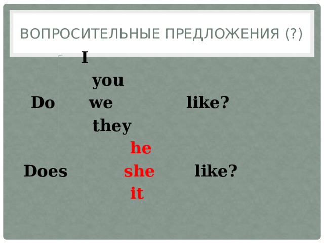 Вопросительные предложения (?)  I  you  Do we like?  they   he Does she like?  it 