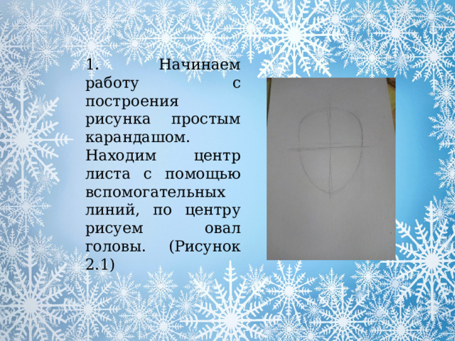 1. Начинаем работу с построения рисунка простым карандашом. Находим центр листа с помощью вспомогательных линий, по центру рисуем овал головы. (Рисунок 2.1) 