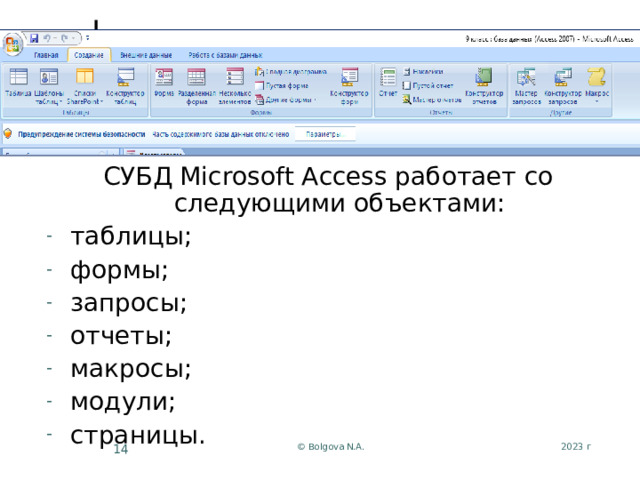 СУБД Microsoft Access работает со следующими объектами: таблицы; формы; запросы; отчеты; макросы; модули; страницы. 2023 г © Bolgova N.A.  