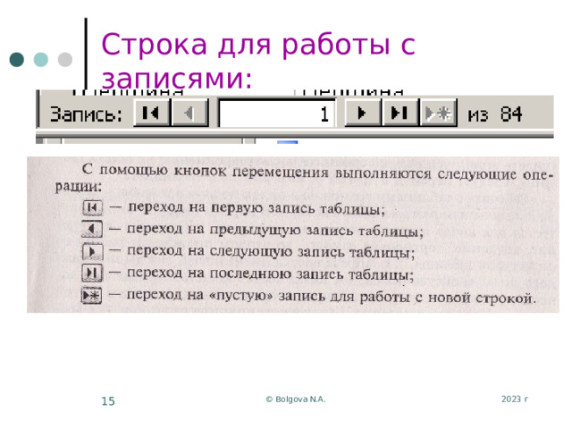 Строка для работы с записями: 2023 г © Bolgova N.A.  