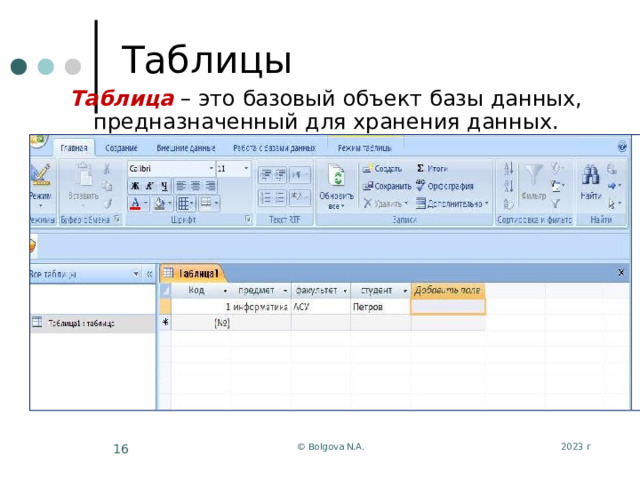 Таблицы Таблица  – это базовый объект базы данных, предназначенный для хранения данных. Способы создания : создание таблицы в режиме конструктора; создание таблицы с помощью мастера; создание таблицы путем ввода данных. 2023 г © Bolgova N.A.  