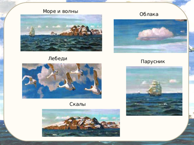 Море и волны Облака Лебеди Парусник Скалы 