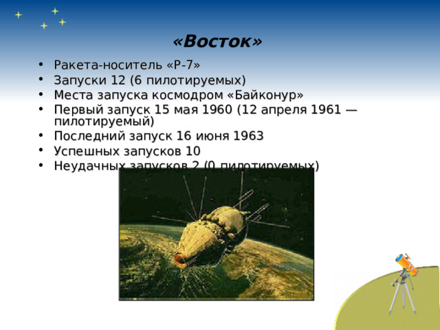 «Восток»   Ракета-носитель «Р-7» Запуски 12 (6 пилотируемых) Места запуска космодром «Байконур» Первый запуск 15 мая 1960 (12 апреля 1961 — пилотируемый) Последний запуск 16 июня 1963 Успешных запусков 10 Неудачных запусков 2 (0 пилотируемых)  