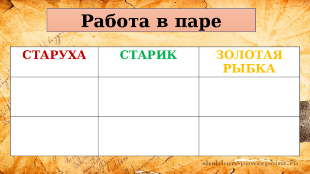 Работа в паре СТАРУХА СТАРИК  ЗОЛОТАЯ РЫБКА      