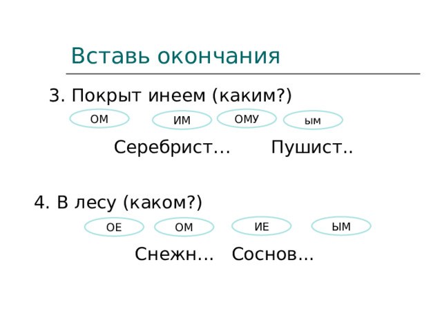 Вставь окончания 3. Покрыт инеем (каким?) Серебрист… Пушист.. ОМУ ОМ ИМ ым 4. В лесу (каком?) Снежн... Соснов... ИЕ ЫМ ОМ ОЕ 