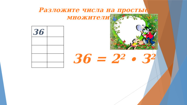 Разложите числа на простые множители 36 36 36 = 2 2 ∙ З 2  
