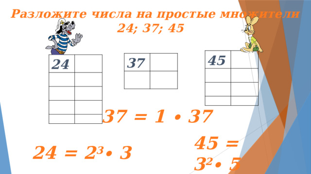 Разложите числа на простые множители 24; 37; 45 45 37  24  37 = 1 ∙ 37 45 = 3 2 ∙ 5 24 = 2 3 ∙ 3 