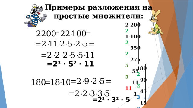 Примеры разложения на простые множители: 2 200 2 1 100 2  550 2  275 5  55 5  11 11  1 =2 3 · 5 2 · 11 180 2  90 2  45 3  15 3  5 5  1  =2 2 · 3 2 · 5  