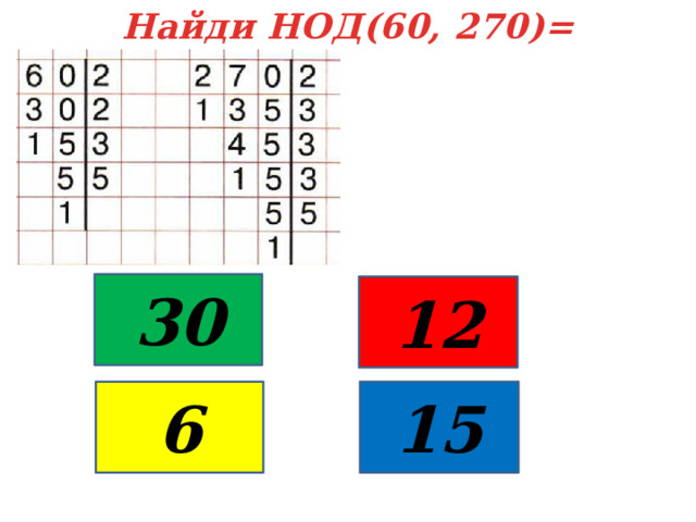 Найди НОД(60, 270)= 30 12 6 15 
