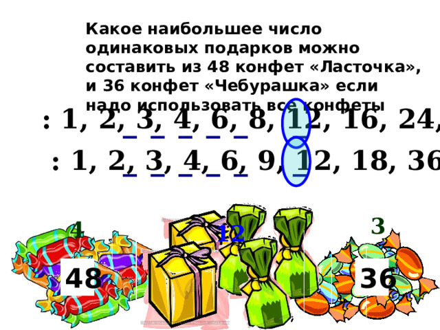 Какое наибольшее число одинаковых подарков можно составить из 48 конфет «Ласточка», и 36 конфет «Чебурашка» если надо использовать все конфеты : 1, 2, 3, 4, 6, 8, 12, 16, 24, 48  : 1, 2, 3, 4, 6, 9, 12, 18, 36  3 4 12 36 48 