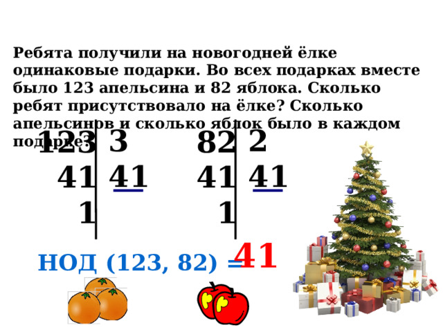 Ребята получили на новогодней ёлке одинаковые подарки. Во всех подарках вместе было 123 апельсина и 82 яблока. Сколько ребят присутствовало на ёлке? Сколько апельсинов и сколько яблок было в каждом подарке? 3 2 41 41   123  82  41  41  1  1 41 НОД (123, 82) = 