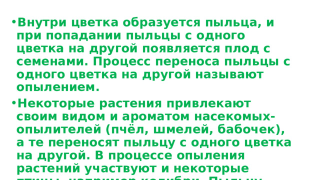 Внутри цветка образуется пыльца, и при попадании пыльцы с одного цветка на другой появляется плод с семенами. Процесс переноса пыльцы с одного цветка на другой называют опылением.  Некоторые растения привлекают своим видом и ароматом насекомых-опылителей (пчёл, шмелей, бабочек), а те переносят пыльцу с одного цветка на другой. В процессе опыления растений участвуют и некоторые птицы, например колибри. Пыльцу других растений переносит ветер.  