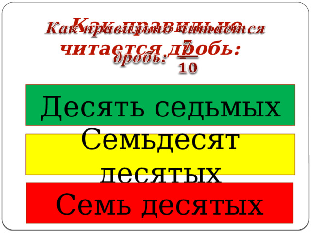 Как правильно читается дробь:   Десять седьмых Семьдесят десятых Семь десятых 