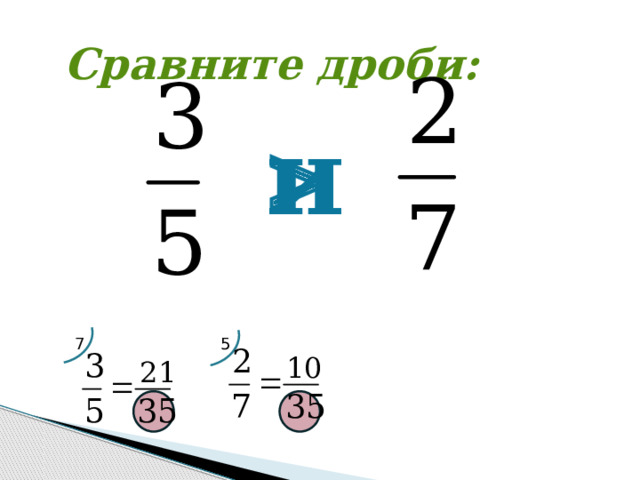 Сравните дроби: и  5 7 10 21 