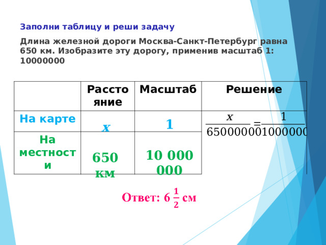 Заполни таблицу и реши задачу Длина железной дороги Москва-Санкт-Петербург равна 650 км. Изобразите эту дорогу, применив масштаб 1: 10000000 Расстояние На карте Масштаб На местности Решение  1  10 000 000  х  650 км    