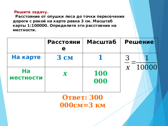  Решите задачу.   Расстояние от опушки леса до точки пересечения дороги с рекой на карте равна 3 см. Масштаб карты 1:100000. Определите это расстояние на местности.    Расстояние На карте Масштаб На местности Решение 3 см  1  х 100 000 Ответ: 300 000см=3 км 