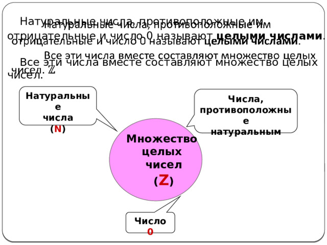  Натуральные числа, противоположные им отрицательные и число 0 называют целыми числами .   Все эти числа вместе составляют множество целых чисел.   Натуральные числа ( N ) Числа, противоположные натуральным Множество целых чисел ( Z ) Число 0 