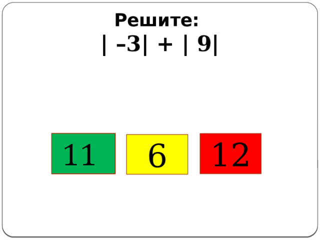 Решите:  | –3| + | 9|     12 6 
