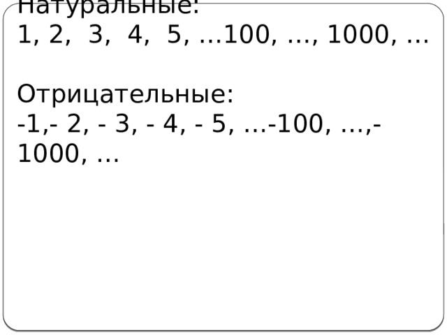 Натуральные:  1, 2, 3, 4, 5, …100, …, 1000, …   Отрицательные:  -1,- 2, - 3, - 4, - 5, …-100, …,- 1000, … 