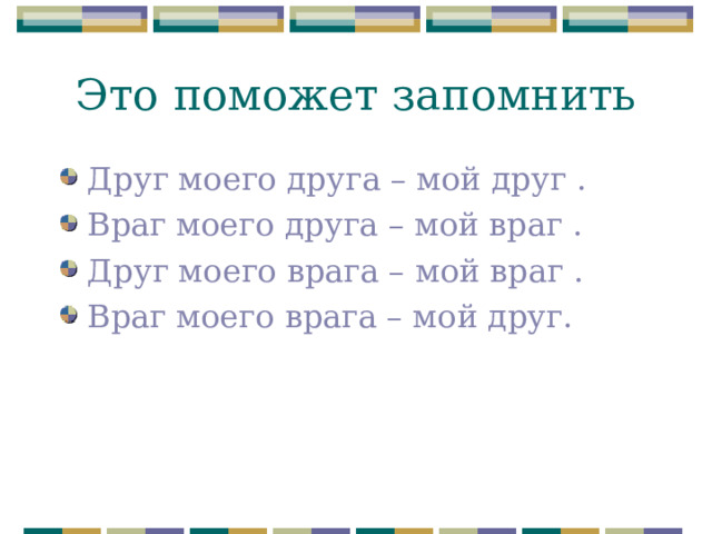 Это поможет запомнить Друг моего друга – мой друг . Враг моего друга – мой враг . Друг моего врага – мой враг . Враг моего врага – мой друг. 