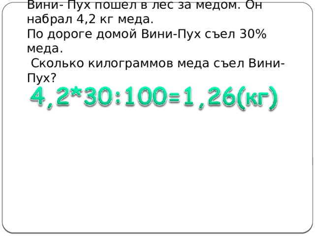 Вини- Пух пошел в лес за медом. Он набрал 4,2 кг меда. По дороге домой Вини-Пух съел 30% меда.  Сколько килограммов меда съел Вини-Пух?    
