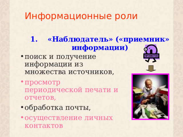 Информационные роли 1. «Наблюдатель» («приемник» информации) поиск и получение информации из множества источников, просмотр периодической печати и отчетов, обработка почты, осуществление личных контактов  