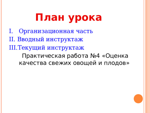 План урока I. Организационная часть II. Вводный инструктаж III. Текущий инструктаж  Практическая работа №4 «Оценка качества свежих овощей и плодов» 