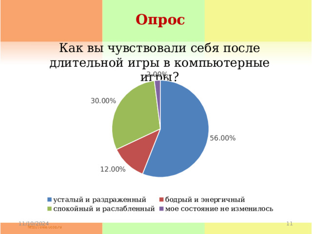 Опрос Как вы чувствовали себя после длительной игры в компьютерные игры?  11/10/2024 